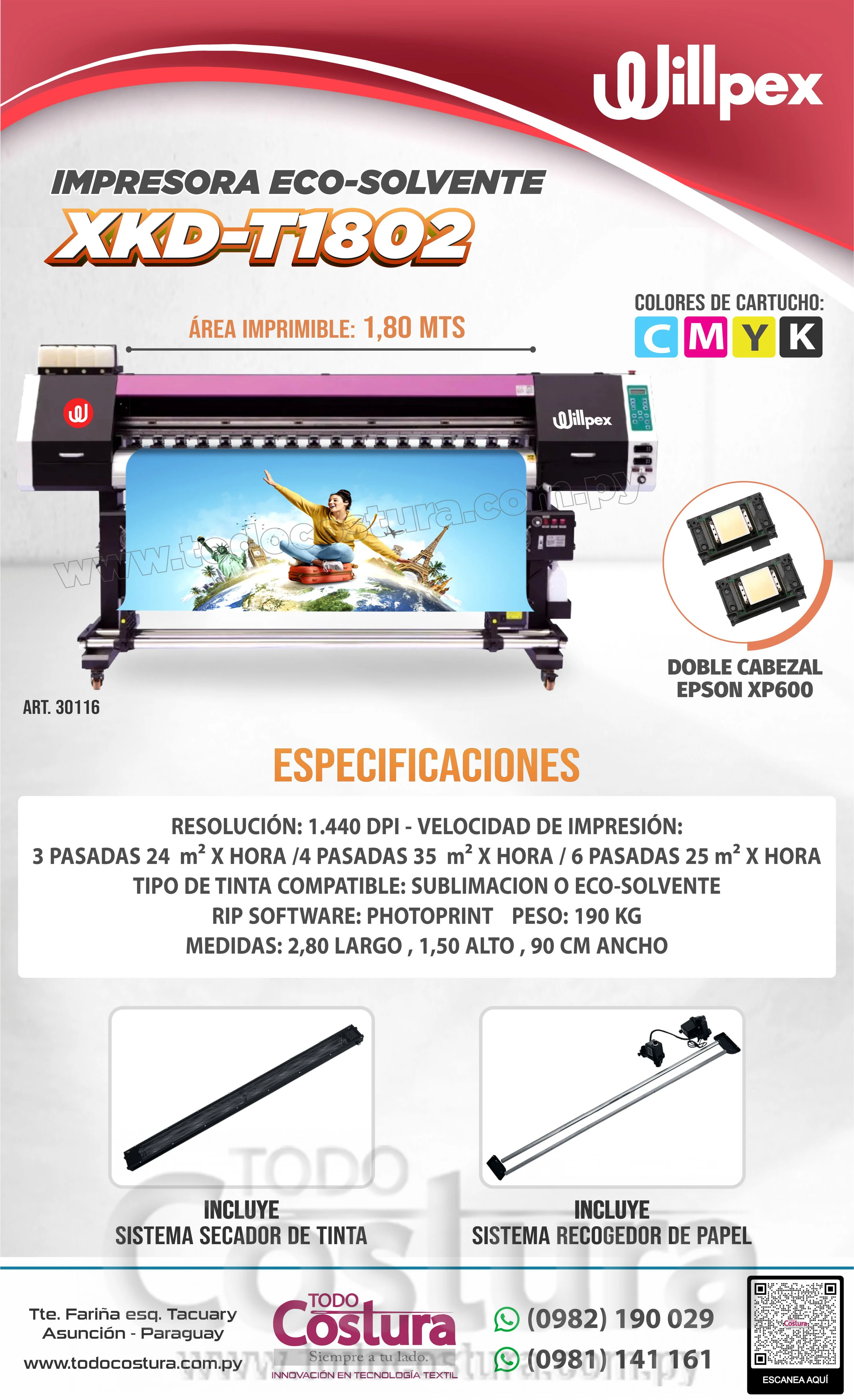 IMPRESORA ECO-SOLVENTE (2 CABEZALES - 1.80 METROS) WILLPEX XKD-T1802
